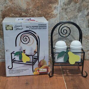 Dover House Stoneware Salt & Pepper Shakers in Wrought Iron Caddy Napkin Holder